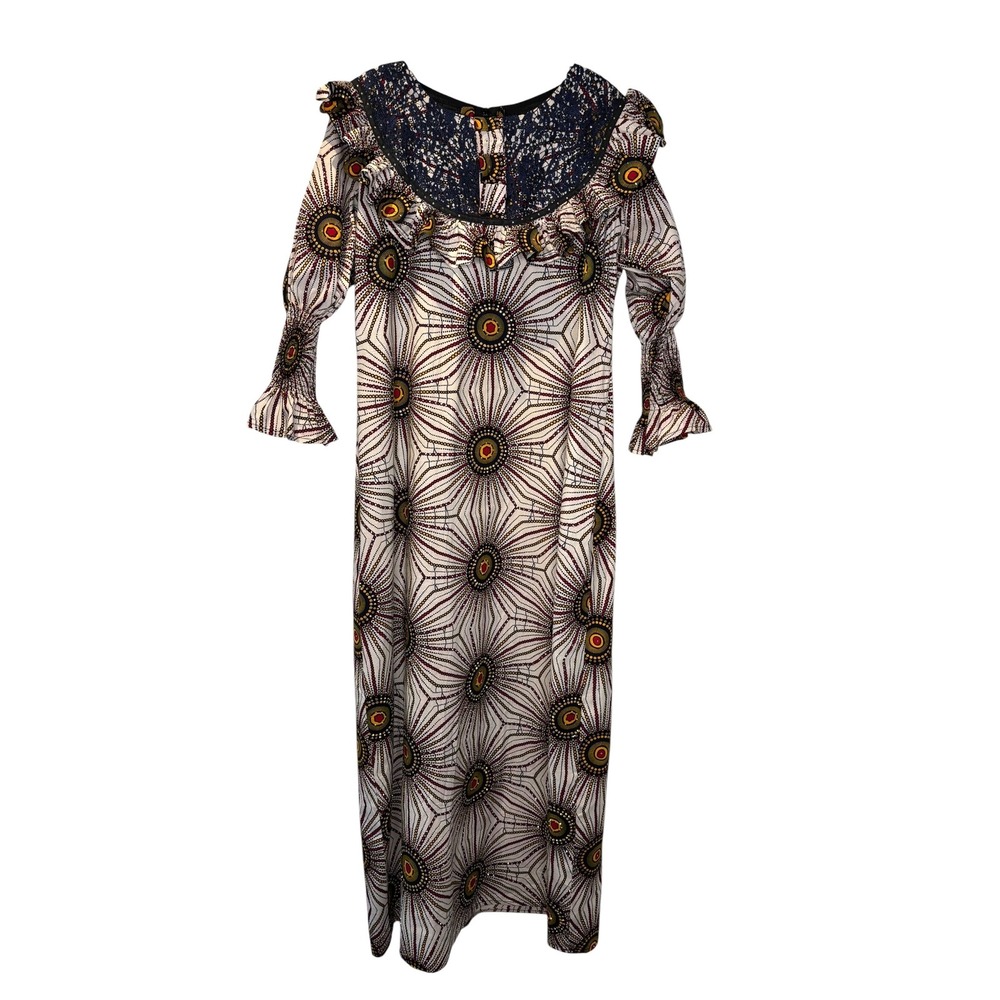 Vibrant African Print Ankara Maxi Dress Lace Collar Ruffle Cuff Long Gown Size